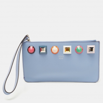 Pre Owned Fendi Light Blue Leather Studded Wristlet Pouch