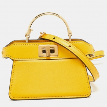Pre Owned Fendi Yellow Leather Nano Peekaboo Maxi Top Handle Bag
