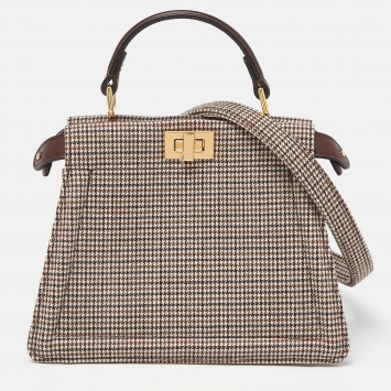 Pre Owned Fendi Beige/Brown Wool and Leather Petite Peekaboo ISeeU Top Handle Bag