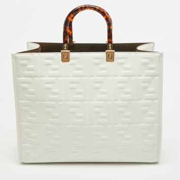 Pre Owned Fendi Off White Zucca Embossed Leather Medium Sunshine Tote