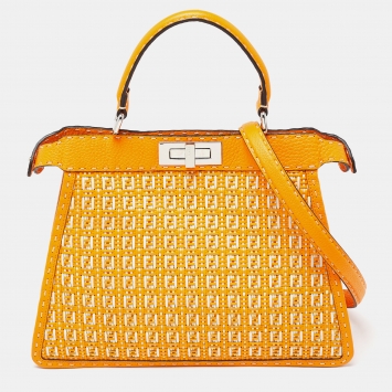 Pre Owned Fendi Orange/White Interlace Leather Medium Peekaboo ISeeU Top Handle Bag