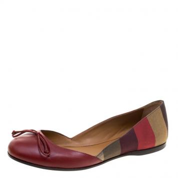 Pre Owned Fendi Multicolor Canvas and Leather Pequin Bow Ballet Flats Size 38