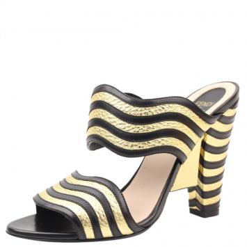Pre Owned Fendi Bicolor Leather Gold Edition Waves Sandals Size 37