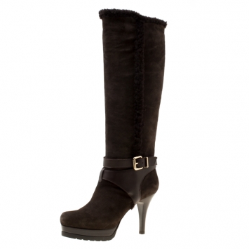 مملوكة مسبقًا Fendi Brown Suede Shearling Trim Knee Boots Size 40