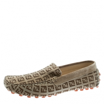 Pre Owned Fendi Beige Monogram Print Suede Loafers Size 39