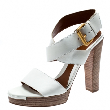Pre Owned Fendi White Leather Ankle Wrap Platform Sandals Size 40