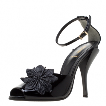 Pre Owned Fendi Black Patent Leather With Embossed Lizard Leather Appliqued Flower Peep Toe Ankle Strap Sandals Size 38