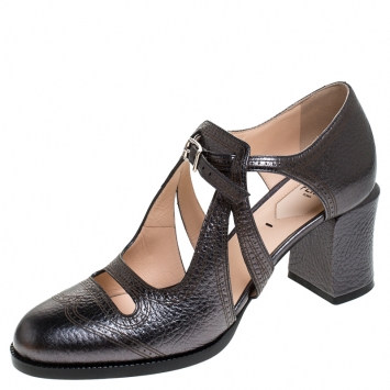 Pre Owned Fendi Metallic Grey Chameleon Wing Tip Ankle Strap Pumps Size 38.5