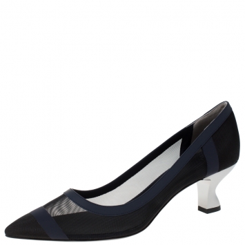 Pre Owned Fendi Navy Blue Mesh And Leather Colibri Pointed Toe Pumps Size 39.5