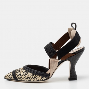 Pre Owned Fendi Beige/Black Woven Raffia Colibri Slingback Pumps Size 40