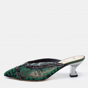 Pre Owned Fendi Green/Black Crystal Embellished Mesh Colibri Mules Size 36