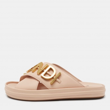 Pre Owned Fendi Pink Leather Fendigraphy Flat Slides Size 38.5