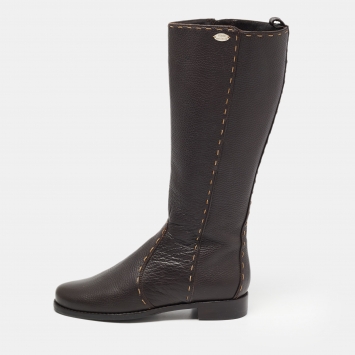 مملوكة مسبقًا Fendi Brown Leather  Whipstitch Calf Length Boots Size 39.5