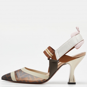 Pre Owned Fendi Brown/Black Mesh and Leather Colibri Pumps Size 39