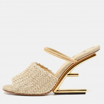 Pre Owned Fendi Beige Raffia First Heel Mules Size 40.5