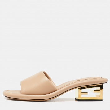 Pre Owned Fendi Beige Leather FF Slide Sandals Size 40