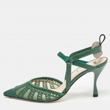 Pre Owned Fendi Green Mesh and Leather Colibri Slingback Pumps Size 37