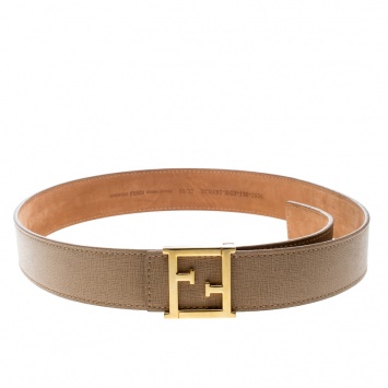 Pre Owned Fendi Beige Saffiano Leather Logo Buckle Belt 80cm