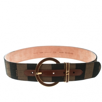 Pre Owned Fendi Brown Stripped Canvas Round Buckle Belt Size 90
