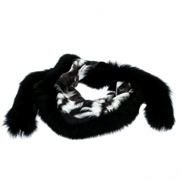 Pre Owned Fendi Black and Grey Printed Silk Fox Fur Trim Detail Wrap Scarf
