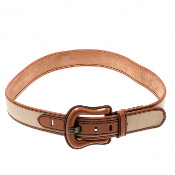 Pre Owned Fendi Beige/Brown Fabric and Leather B Buckle Belt 85CM
