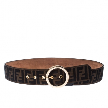 Pre Owned Fendi Tobacco Zucca Canvas and Leather Round Buckle Belt 90CM