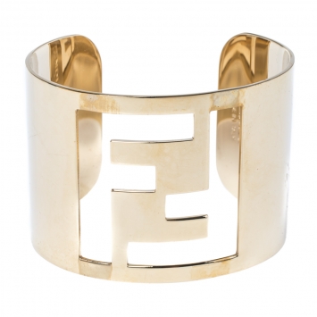 Pre Owned Fendi Gold Tone Zucca Logo Cuff Bracelet 