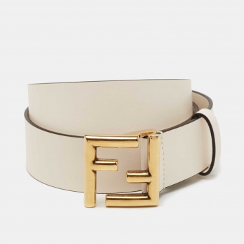Pre Owned Fendi Off White Leather FF Logo Buckle Belt 85CM
