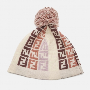 Pre Owned Fendi Pink Zucca FF Wool Pom-Pom Beanie