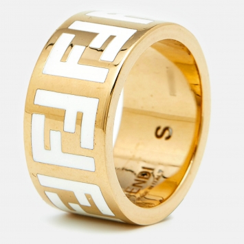 مملوكة مسبقًا Fendi FF Logo Forever Enamel Gold Tone Ring Size 52