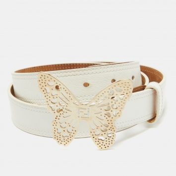 Pre Owned Fendi White Leather Butterfly Buckle Belt 90 CM