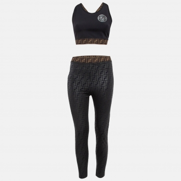 Pre Owned Fendi Black Monogram Print Jersey Leggings and Crop Top Set S