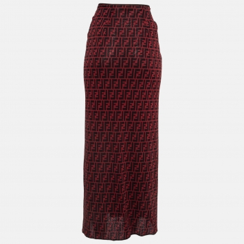 Pre Owned Fendi Vintage Red/Black Monogram Print Jersey Maxi Skirt M