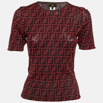 Pre Owned Fendi Vintage Red/Black Monogram Print Jersey Top M