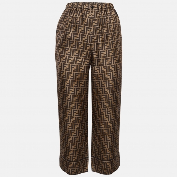 Pre Owned Fendi Brown Zucca Print Silk Trousers XS