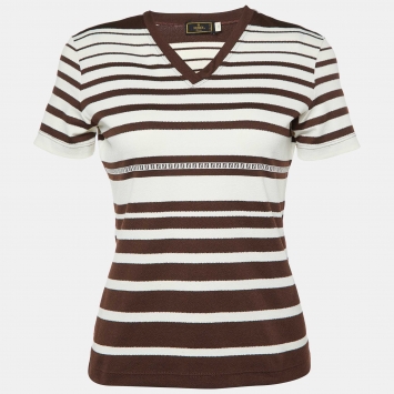 Pre Owned Fendi Vintage Brown/White Logo Patterned Jersey V-Neck Top M