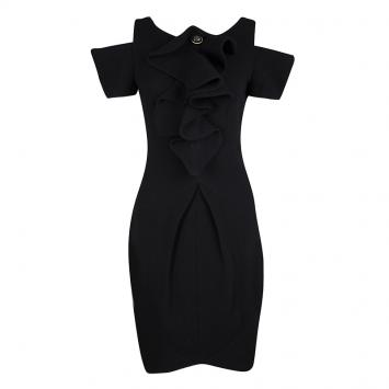 Pre Owned Fendi Black Crepe Ruffle Detail Cold Shoulder Dress M