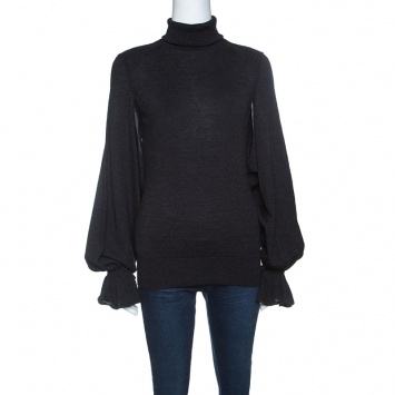 Pre Owned Fendi Grey Wool Armhole Cutout Detail Ruffled Cuff Sweater M