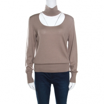 Pre Owned Fendi Mocha Wool Cut Out Neckline Detail Long Sleeve Sweater L