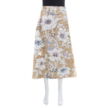 Pre Owned Fendi Metallic Floral Jacquard Tie Detail Apron Skirt S