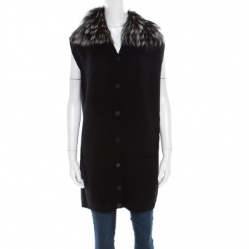 Pre Owned Fendi Black Tonal Chevron Patterned Cashmere Fox Fur Trim Cardigan M