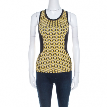 Pre Owned Fendi Canary Yellow Bag Bugs Eye Print Perforated Trim Tank Top S