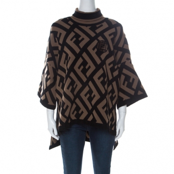 Pre Owned Fendi Brown & Black Logo Print Wool Blend Turtle Neck Sweater S