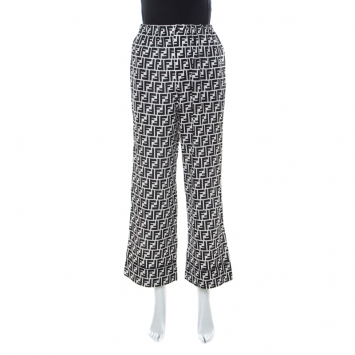 Pre Owned Fendi Black & White Monogram Logo Print Silk Crepe De Chine Wide Leg Cropped Pants S