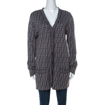 Pre Owned Fendi Grey Zucca Pattern Cotton Button Front Cardigan M