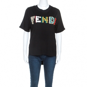 Pre Owned Fendi Black Cotton Stud Embellished Logo Detail T-Shirt S