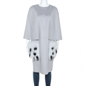 Pre Owned Fendi Light Grey Wool Fur Pocket Detail Coat M
