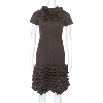 Pre Owned Fendi Brown Fleece Flounce Trim Detail Dress S