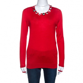 Pre Owned Fendi Red Cashmere Knit Floral Stud Embellished Sweater M