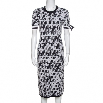 Pre Owned Fendi Monochrome Zucca Monogram Print Stretch Knit Short Sleeve Dress M